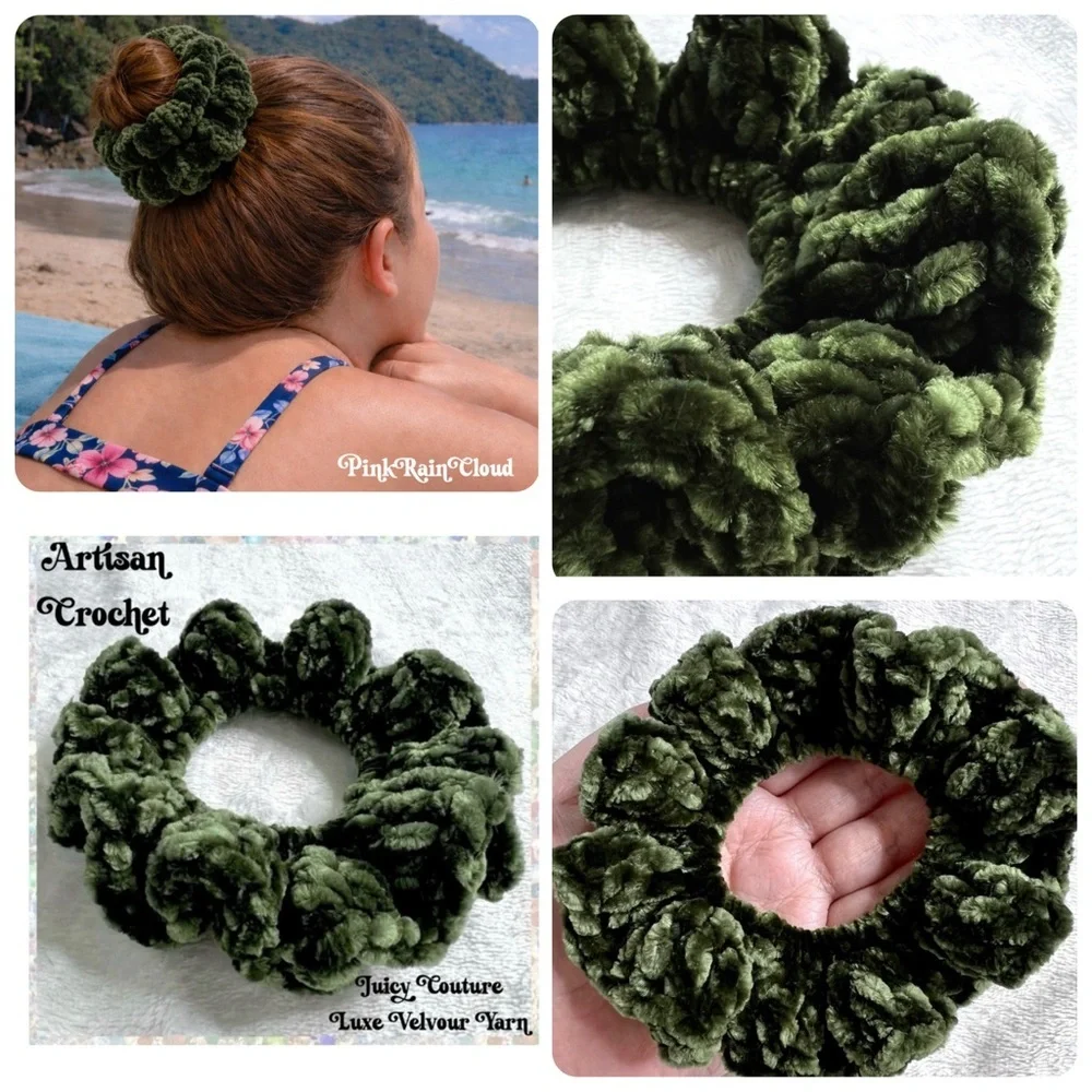 Handmade Crochet VELVET Hunter Green Large Hair Scrunchie PinkRainCloud